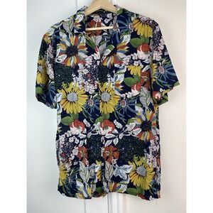 Tunevuse Men's L Blue Colorful Floral Short Sleeve Cotton Button Up Shirt